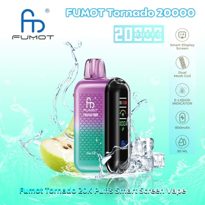 Image promotionnelle de la vape FUMOT Tornado 20000 présentant ses fonctionnalités telles qu'un écran d'affichage intelligent, une bobine à double maille et une batterie de 850 mAh, entourée de glaçons et de tranches de poire, mettant en valeur la saveur « Pear Ice ».