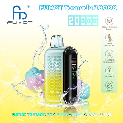 Image promotionnelle de l'appareil de vapotage Fumot Tornado 20000 doté d'un écran d'affichage intelligent indiquant l'état de l'appareil, entouré d'éclaboussures d'eau et de sphères colorées, avec du texte mettant en évidence des fonctionnalités telles qu'une bobine à double maille, un indicateur d'e-liquide, une batterie de 850 mAh et une capacité de 20 ml.