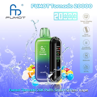 Image de l'appareil de vapotage Fumot Tornado 20000 avec un design dégradé vert et bleu, doté d'un écran d'affichage intelligent, entouré d'éclaboussures d'eau et de bonbons gélifiés colorés ; le texte met en évidence 20 000 bouffées, une bobine à double maille, un indicateur d'e-liquide, une batterie de 850 mAh et une capacité de 20 ml.