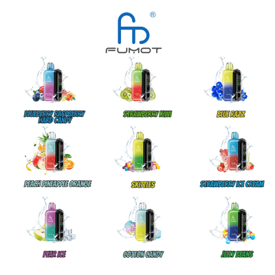 Grille de contenants d'e-liquide colorés avec le logo de la marque « Fumot » en haut, présentant diverses saveurs de fruits et de bonbons comme les bonbons durs à la myrtille et à la framboise, la fraise et le kiwi, le Blue Razz, la pêche, l'ananas et l'orange, les Skittles, la glace à la fraise, la glace à la poire, la barbe à papa et les bonbons gélifiés.