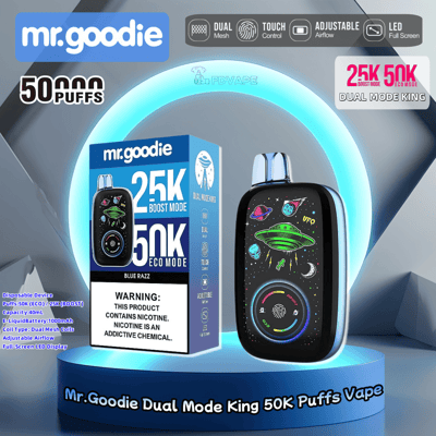 Promotional image of the Mr. Goodie Dual Mode King Vape featuring a futuristic design with an LED display, offering two modes: Boost Mode 25K puffs and Eco Mode 50K puffs, with Blue Razz flavor, and highlighting its dual mesh coil, touch control, adjustable airflow, and large capacity battery.