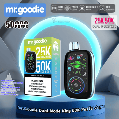 Promotional image of Mr. Goodie Dual Mode King vape featuring a box showcasing 25K Boost Mode and 50K Eco Mode with Green Lemon Ice flavor, alongside a vape device with a colorful alien-themed design and full-screen LED display.