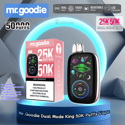 Promotional image featuring Mr. Goodie Dual Mode King vape device with 50K puffs capability, showing packaging and product design with alien-themed graphics and key features like dual mesh coils and LED screen.