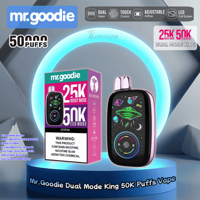 Promotional image of Mr. Goodie Dual Mode King 50K Puffs Vape, featuring a modern vaping device with a colorful UFO-inspired design, operating in dual modes: 25K Boost and 50K Eco, alongside its packaging displaying features like dual mesh coil, adjustable airflow, and full-screen LED display.