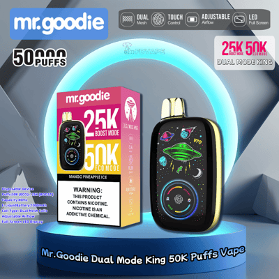 Promotional image for Mr. Goodie Dual Mode King vape offering 50,000 puffs with dual modes, featuring a full-screen LED display and mango pineapple ice flavor.
