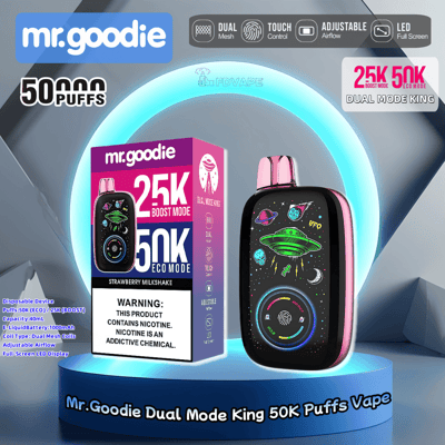 Promotional image for Mr. Goodie Dual Mode King vape featuring the device and its box displaying features like 50,000 puffs capacity, dual mesh coil, touch control, adjustable airflow, LED display, and a space-themed design.