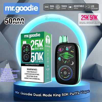 Promotional image of the Mr. Goodie Dual Mode King Vape showing its packaging and device, featuring a colorful space theme on the device with 50K puffs, adjustable airflow, LED full screen, and touch control.
