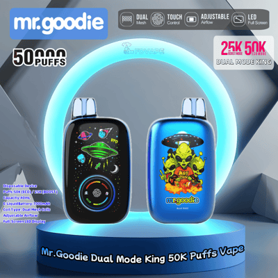 Promotional image for Mr. Goodie Dual Mode King 50K Puffs Vape, featuring two colorful vapes with alien and spaceship designs, highlighting features like dual mesh coils, adjustable airflow, and touch control.