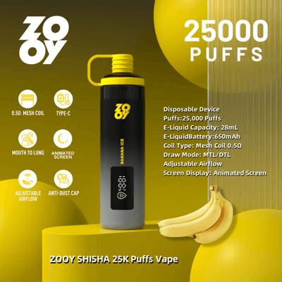 ZOOY SHISHA 25K Puffs Vape のバナナ アイス フレーバーのプロモーション画像。25,000 パフの使い捨てデバイス、28 mL の e-liquid 容量、650 mAh バッテリー、0.5Ω メッシュ コイル、口から肺への吸引モード、調整可能なエアフロー、アニメーション スクリーン、防塵キャップ、Type-C 充電が特徴で、黄色の背景にバナナの束と一緒に表示されています。