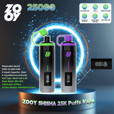 緑と紫のデザインが特徴の、Zoy Shisha 25K Puffs 使い捨て vape デバイス 2 台のプロモーション画像。テキストでは、25,000 パフ容量、28 mL の e-liquid、650 mAh のバッテリー、メッシュ コイル、調整可能なエアフロー機能などが強調されています。