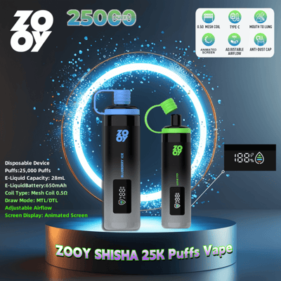 ZOOY Shisha 25K Puffs Vape のプロモーション画像。25,000 パフ容量の使い捨て vape デバイス 2 台、28 ml の e-liquid、650 mAh バッテリー、メッシュ コイル、調整可能なエアフロー、アニメーション スクリーン ディスプレイが製品の詳細とブランド要素とともに表示されています。