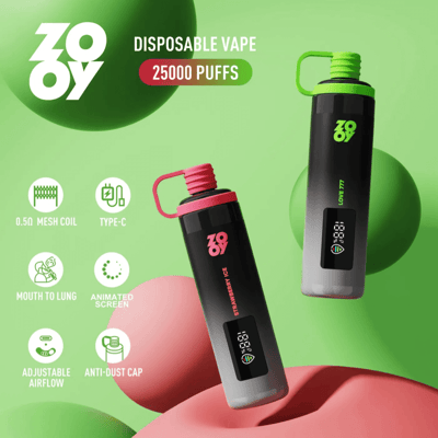 ZOOV 使い捨てベイプのプロモーション画像。25,000 パフ、0.5Ω メッシュ コイル、Type-C 充電、マウス ツー ラング機能、アニメーション スクリーン、調整可能なエアフロー、防塵キャップなどの機能を強調し、緑とピンクの背景にカラフルなベイプ デバイスを配置しています。