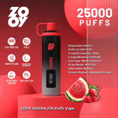 ZOOY 25K Puffs Vape の広告画像。イチゴとスイカのフレーバー、25,000 パフ、28 mL の e-liquid 容量、650 mAh バッテリー、0.5Ω メッシュ コイル、調整可能なエアフロー、アニメーション スクリーンや防塵キャップなどの機能を備えた黒と赤のデバイスが表示されています。