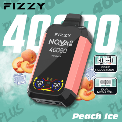 Promotional image showcasing the Fizzy NOOVA Plus Peach Ice vape with a sleek design, featuring indicators for eco and turbo modes, gear adjustment visuals, and dual mesh coil functionality, surrounded by graphics of peaches and ice cubes.