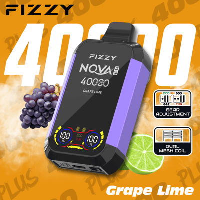 Promotional image of Fizzy NQVA Plus Grape Lime flavored disposable vape with 400 puffs, featuring purple accents, gear adjustment, dual mesh coil, and fruit visuals of grapes and lime.