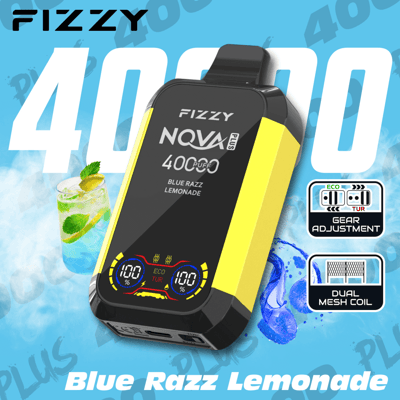 Promotional image for Fizzy Nova Plus vape featuring a yellow and black device with Blue Razz Lemonade flavor on a blue background, highlighting 400 puffs, gear adjustment options, and dual mesh coil technology.
