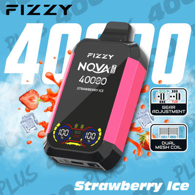 Promotional graphic showcasing Fizzy NQVA Plus vape device with strawberry ice flavor, highlighting features like 400 puffs, gear adjustment, and dual mesh coil.