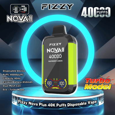 Graphic featuring the Fizzy Nova Plus disposable vape in Raspberry Lemon flavor, showing details like 40,000 puffs, 40ml capacity, 850mAh battery, dual mesh coil, and Eco/Turbo modes.