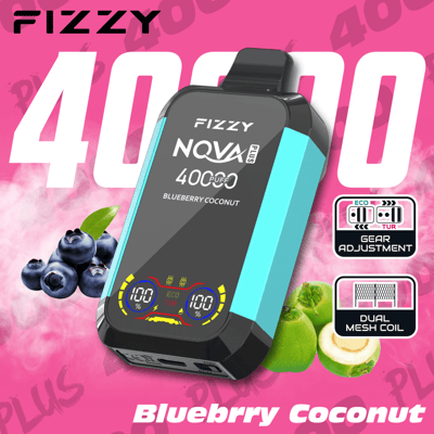 Promotional image showing the Fizzy NOVA Plus vaping device with features such as gear adjustment, dual mesh coil, and 400 puffs in a Blueberry Coconut flavor, alongside imagery of blueberries and coconuts, set against a pink background.
