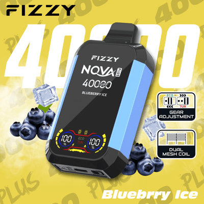 Image of Fizzy NQVA Plus vaper in blueberry ice flavor, highlighting 40000 puffs, gear adjustment, and dual mesh coil features against a yellow background with blueberries and ice cubes.