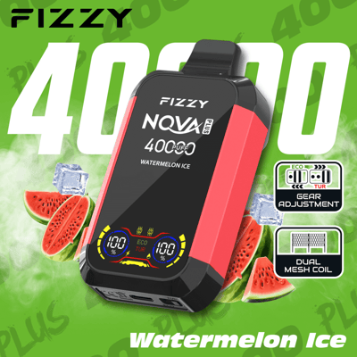 Marketing image of the FIZZY NQVA Plus Watermelon Ice vaping device, highlighting its 400 puff capacity, gear adjustment functionality, dual mesh coil, and watermelon ice flavor with a green background and watermelon slices.