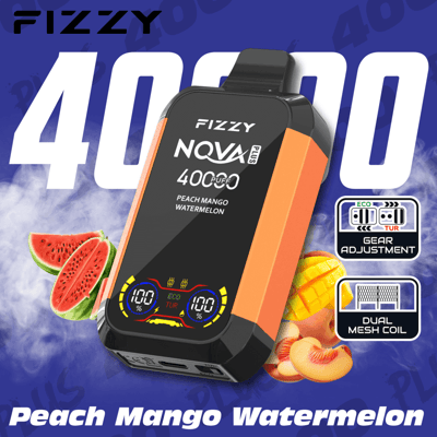 Fizzy Nova Plus vaping device with peach, mango, and watermelon flavor, 400 puffs capacity, gear adjustment setting, and dual mesh coil on a blue background with fruit visuals.