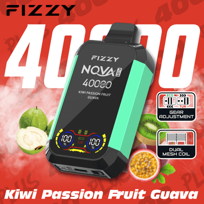 Graphic featuring a Fizzy NQVA Plus vape device in black and green design, highlighting its features like 400 puffs, dual mesh coil, and gear adjustment, set against a red background with images of kiwi, passion fruit, and guava.