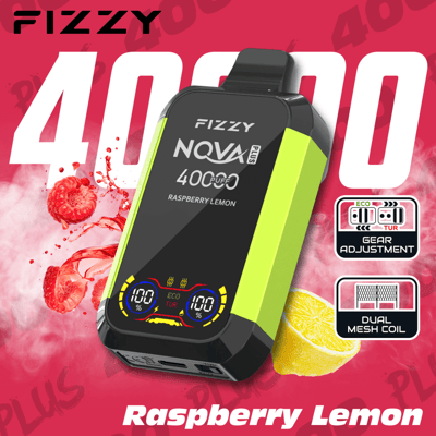 Promotional image of the Fizzy NOVA Plus electronic device, featuring a raspberry lemon flavor. Details displayed include 400-puff capacity, gear adjustment settings for Eco and Turbo modes, and dual mesh coil technology.
