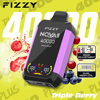 Promo image of the Fizzy Nova Plus device showcasing Triple Berry flavor, with colorful fruit illustrations, 400 puff capacity, gear adjustment, dual mesh coil feature, and a vibrant purple design.