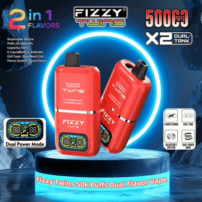 Promotional image showcasing the Fizzy Twins vape device, featuring a red dual-tank design with 50,000 puffs capacity and options for dual flavors such as watermelon ice and strawberry kiwi, displayed on a luminous circular platform.