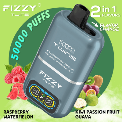 A promotional image showcasing the Fizzy Twins disposable vape with details such as '5000 Puffs', '2 in 1 Flavors', and flavor options including Raspberry Watermelon and Kiwi Passion Fruit Guava, displayed with respective fruit illustrations and the device's digital display shown.