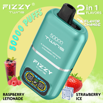 A promotional display of a turquoise-colored Fizzy Twins vape device featuring a changeable flavor option between Raspberry Lemonade and Strawberry Ice, with accompanying images of each flavor's ingredients and text highlighting '50000 puffs' and '2 in 1 flavors'.