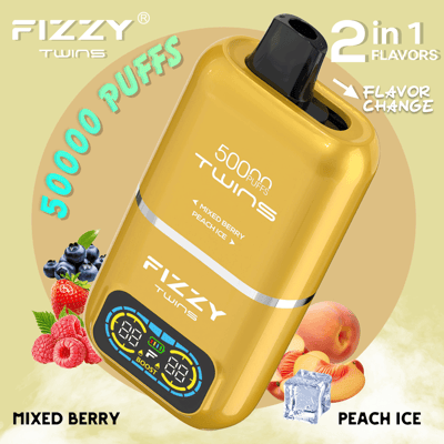 Promotional image of the Fizzy Twins vape displaying its features, including 50,000 puffs capacity, dual flavors of mixed berry and peach ice, and a golden exterior design with a digital indicator screen.
