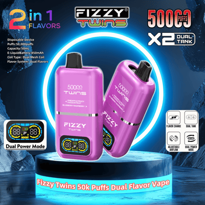 Fizzy Twins vape device showcasing dual flavors, purple casing, and key features like 50,000 puffs capacity, dual tanks, and adjustable settings.