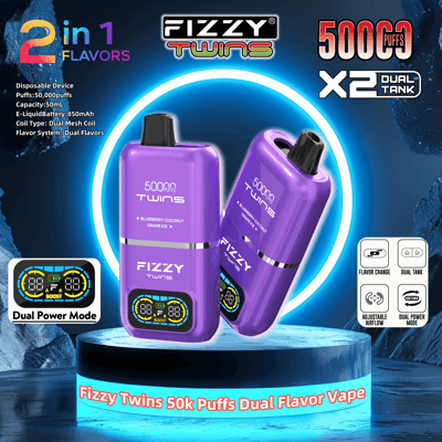 Promotional image featuring the Fizzy Twins 50k Puffs Dual Flavor Vape, highlighting features such as 50,000 puffs capacity, dual tanks, dual power mode, adjustable airflow, and dual mesh coil technology, against a vibrant blue background.