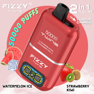 A red Fizzy Twins vape device featuring 5000 puffs and dual flavor options: Watermelon Ice and Strawberry Kiwi, alongside flavor-related imagery.