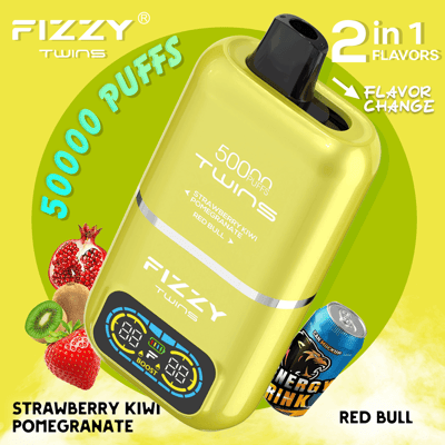 An advertisement for the Fizzy Twins disposable vaping device, featuring a bright design with two switchable flavors: Strawberry Kiwi Pomegranate and Red Bull, promising 50000 puffs.