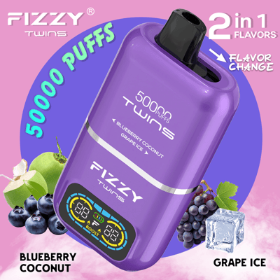 A promotional image for the FIZZY Twins vaping device in purple, offering 50,000 puffs and featuring interchangeable flavors: Blueberry Coconut and Grape Ice.