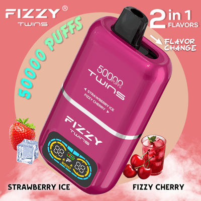 A vibrant advertisement for the Fizzy Twins 2-in-1 vape device, showcasing a pink and black design offering flavors like Strawberry Ice and Fizzy Cherry with a digital puff counter, featuring text highlights such as '50,000 Puffs' and 'Flavor Change' against a colorful background with strawberries and cherries displayed.