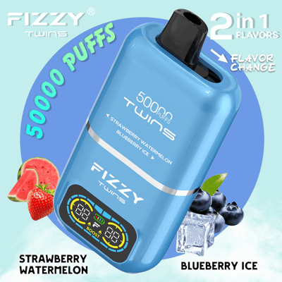 Promotional image showing a blue Fizzy Twins vaping device with two flavor options, Strawberry Watermelon and Blueberry Ice, capable of delivering up to 50,000 puffs.