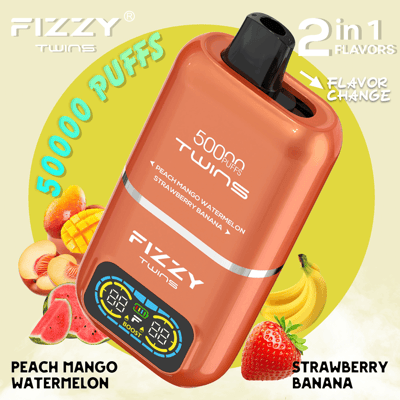 Advertisement featuring a dual-flavor, 50000-puff vape device called 'Fizzy Twins', offering Peach Mango Watermelon and Strawberry Banana flavors.