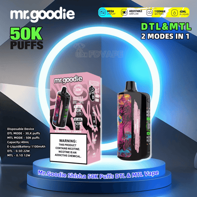 Promotional graphic showcasing the Mr. Goodie Shisha 50K Puffs DTL & MTL Vape, highlighting features like mega display, adjustable airflow, 1100mAh battery, 40ml e-liquid capacity, and two modes in one for direct-to-lung (DTL) and mouth-to-lung (MTL) vaping. A vape device and packaging design stand illuminated against a modern blue-lit backdrop.
