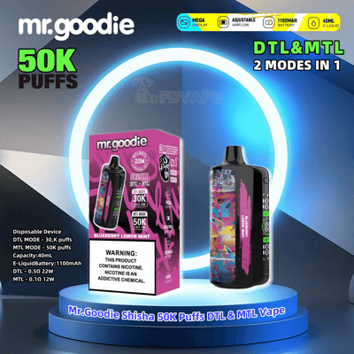 Promotional display of Mr.Goodie Shisha disposable vape featuring 50,000 puffs capacity, adjustable airflow, and two vaping modes (DTL and MTL), alongside its packaging.