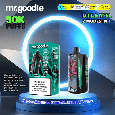 Promotional image of the Mr. Goodie Shisha disposable vape device, showcasing its packaging and product features including 50,000 puffs capability, dual mode operation (DTL and MTL), adjustable airflow, 1100mAh battery, and 40ml e-liquid capacity in Double Apple flavor.
