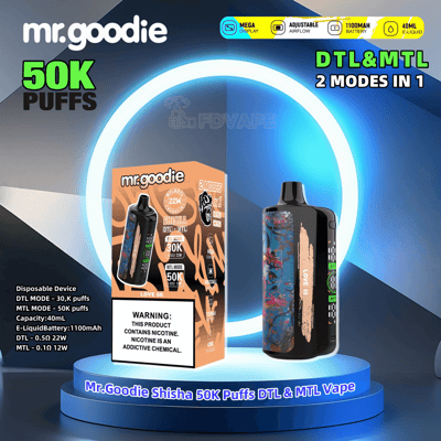 Promotional image featuring the Mr. Goodie Shisha 50K Puffs Disposable Vape with DTL and MTL modes, highlighting its features like 50K puff capacity, adjustable airflow, a 1100mAh battery, 40ml e-liquid capacity, and large display, positioned on a glowing circular stand.