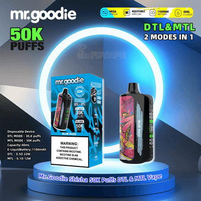 Promotional image for the Mr. Goodie disposable vape device featuring 50,000 puffs, DTL and MTL modes, a 1100mAh battery, and 40ml liquid capacity, displayed alongside its packaging with vibrant design on a blue-lit podium.