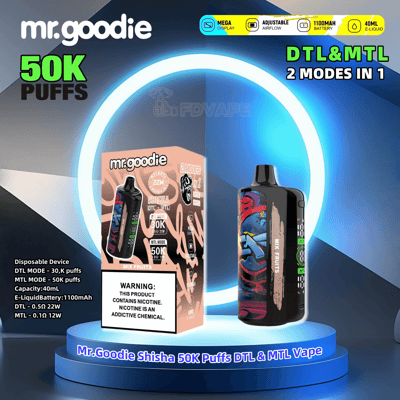 Promotional image featuring the Mr. Goodie Shisha 50K Puffs DTL and MTL Vape, highlighting its design, packaging, and specifications on a glowing circular platform.