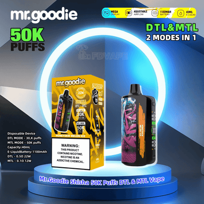 Promotional image for Mr. Goodie disposable vape device featuring 50K puffs with dual modes (DTL & MTL), adjustable airflow, 1100mAh battery, and 40ml e-liquid capacity in Honeydew Melon Ice flavor.