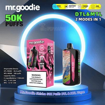 Promotional display for the Mr. Goodie Shisha disposable vaping device showcasing its features including up to 50,000 puffs, dual modes (DTL & MTL), 1100mAh battery, and 40ml e-liquid capacity.