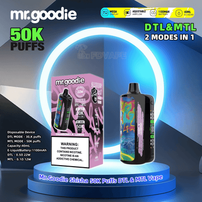 Promotional image of the Mr. Goodie disposable vape device featuring 50K puffs, two modes for DTL and MTL usage, adjustable airflow, and a mega display, showcased with product packaging and a device on a blue pedestal.